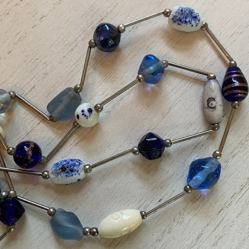 Silver Toned & Blue Beaded Statement Necklace